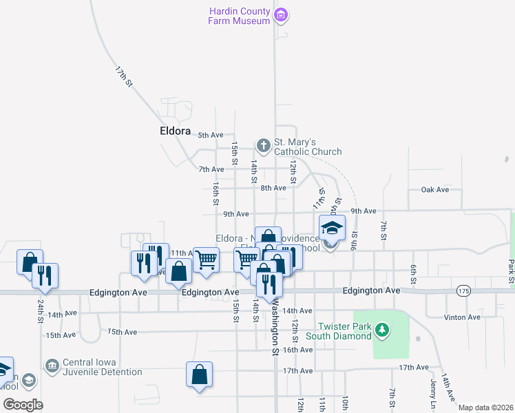 map of restaurants, bars, coffee shops, grocery stores, and more near 817 14th Street in Eldora