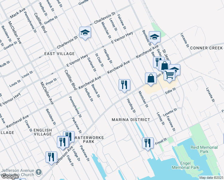 map of restaurants, bars, coffee shops, grocery stores, and more near 1476 Saint Clair Street in Detroit