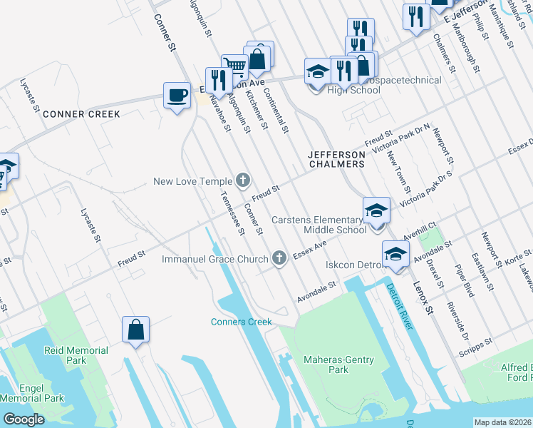 map of restaurants, bars, coffee shops, grocery stores, and more near 645 Navahoe Street in Detroit