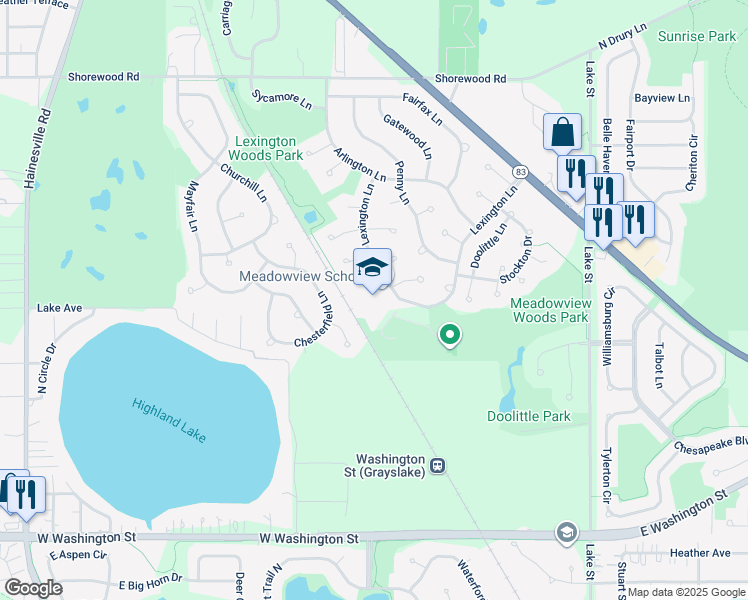 map of restaurants, bars, coffee shops, grocery stores, and more near 291 Lexington Lane in Grayslake
