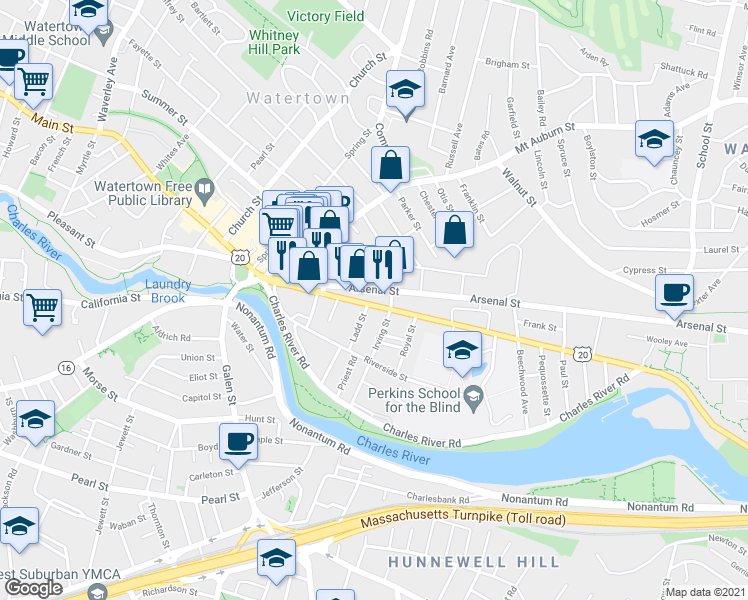 map of restaurants, bars, coffee shops, grocery stores, and more near 60 North Beacon Street in Watertown