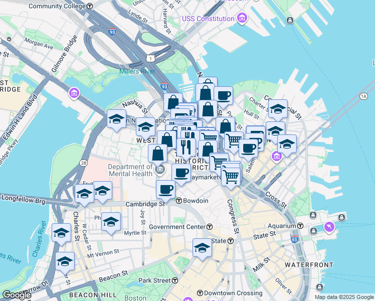 map of restaurants, bars, coffee shops, grocery stores, and more near in Boston