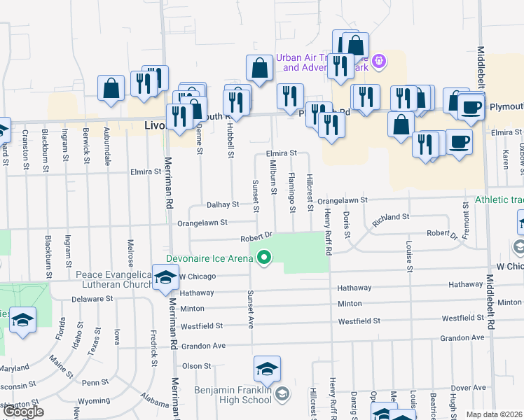 map of restaurants, bars, coffee shops, grocery stores, and more near 9951 Milburn Street in Livonia