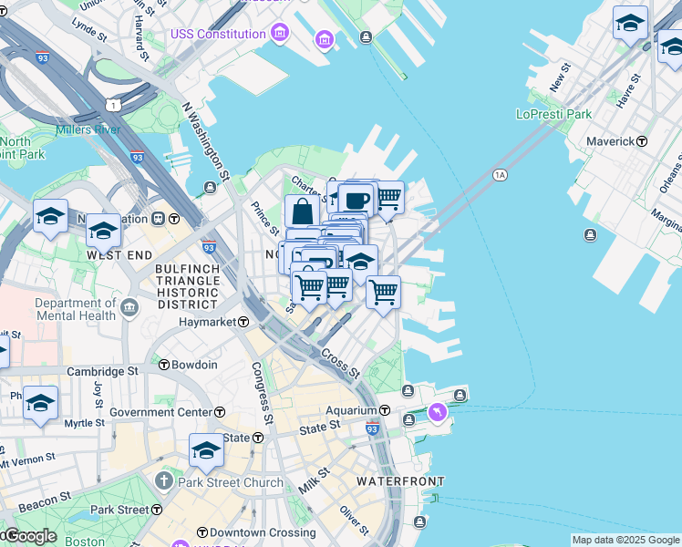 map of restaurants, bars, coffee shops, grocery stores, and more near 15-17 North Square in Boston
