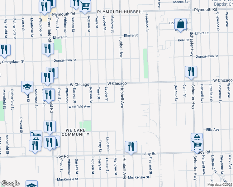 map of restaurants, bars, coffee shops, grocery stores, and more near 9386 Marlowe Street in Detroit