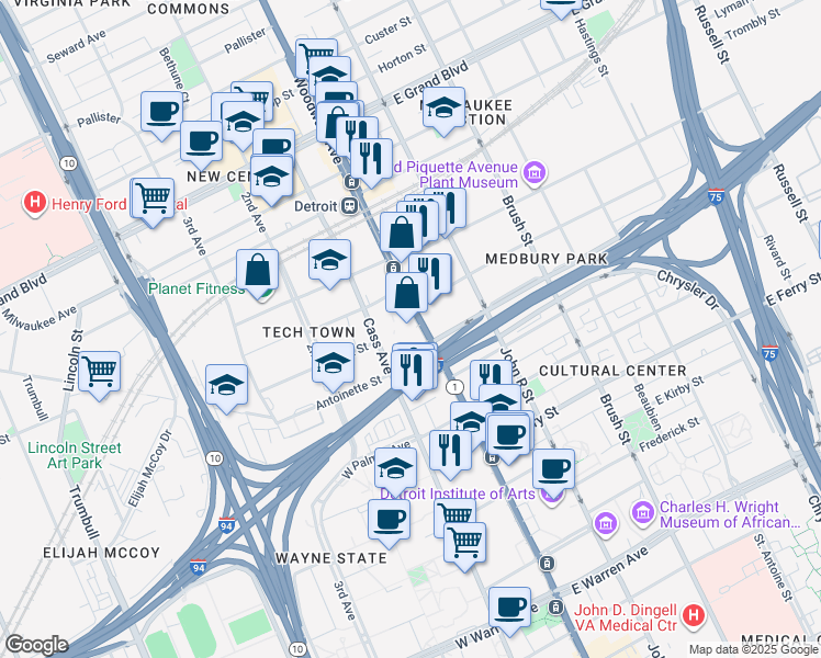map of restaurants, bars, coffee shops, grocery stores, and more near 5955 Woodward Avenue in Detroit