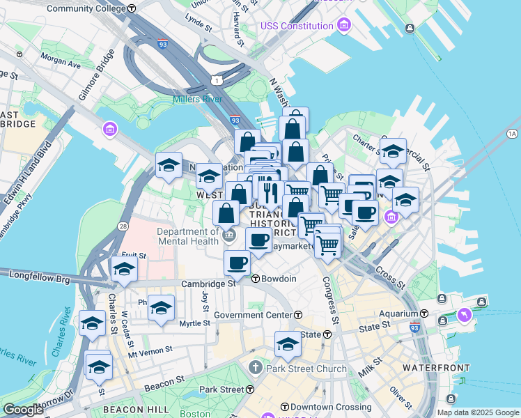 map of restaurants, bars, coffee shops, grocery stores, and more near 225 Friend Street in Boston