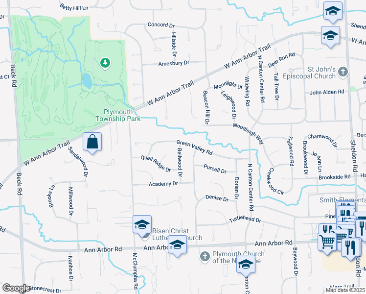 map of restaurants, bars, coffee shops, grocery stores, and more near 11390 Bellwood Drive in Plymouth