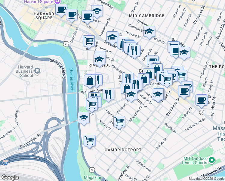 map of restaurants, bars, coffee shops, grocery stores, and more near 228 Western Avenue in Cambridge