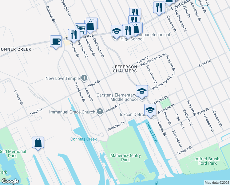 map of restaurants, bars, coffee shops, grocery stores, and more near 532 Kitchener Street in Detroit