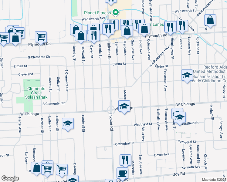 map of restaurants, bars, coffee shops, grocery stores, and more near 9634 Inkster Rd in Redford Charter Township