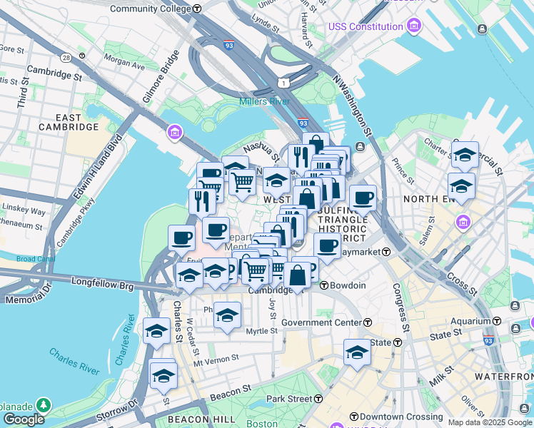 map of restaurants, bars, coffee shops, grocery stores, and more near 10 Hawthorne Place in Boston