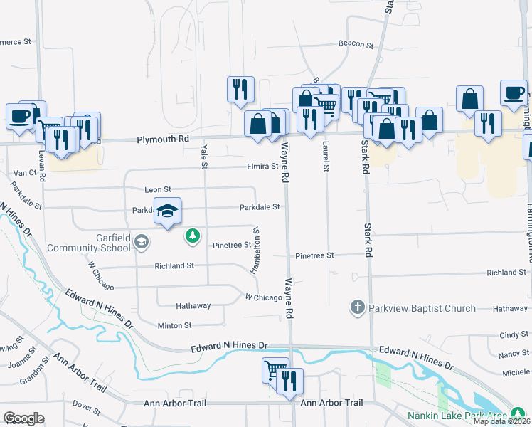 map of restaurants, bars, coffee shops, grocery stores, and more near 34957 Parkdale St in Livonia