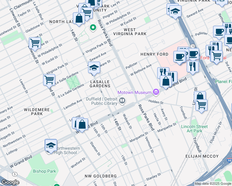 map of restaurants, bars, coffee shops, grocery stores, and more near 7427 Dunedin Street in Detroit