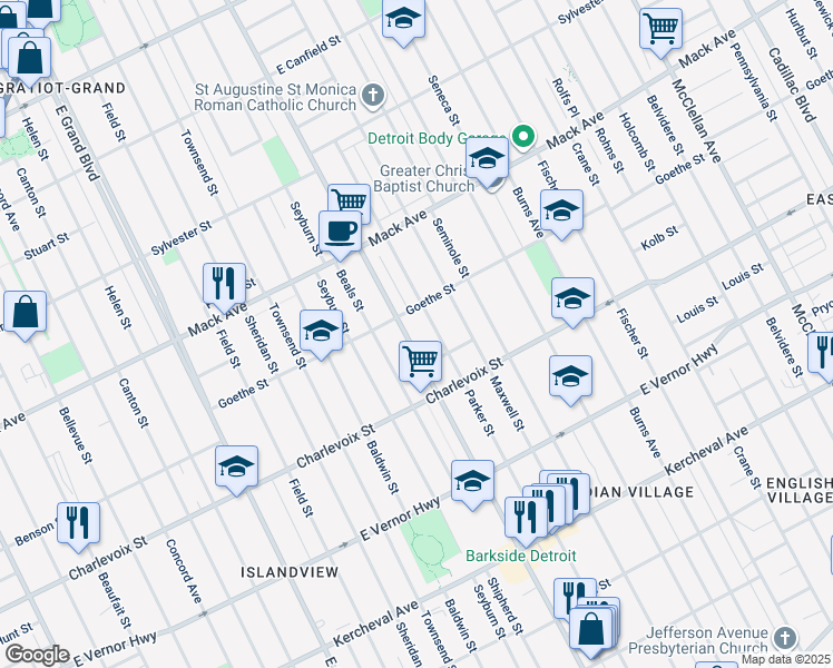 map of restaurants, bars, coffee shops, grocery stores, and more near 3062 Van Dyke Street in Detroit