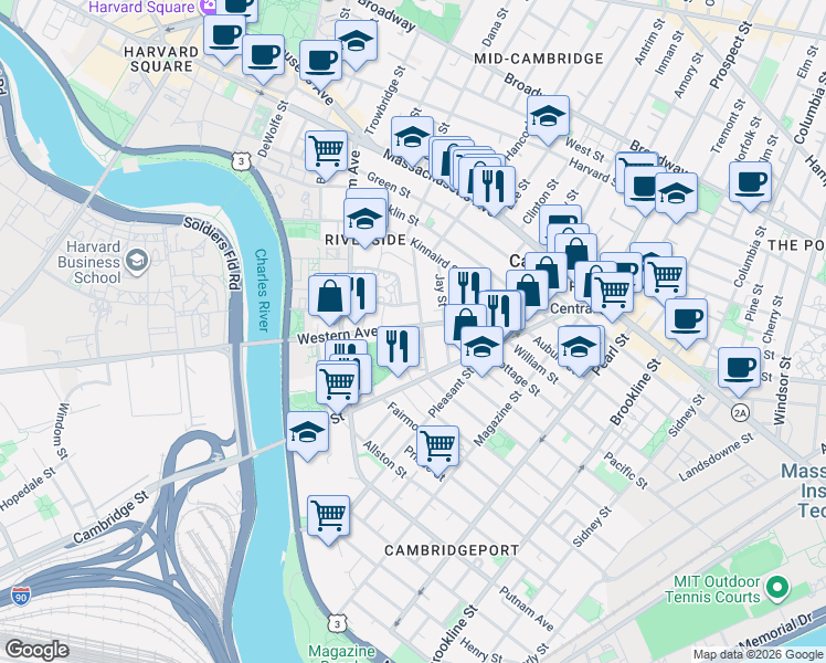 map of restaurants, bars, coffee shops, grocery stores, and more near 22 Howard Street in Cambridge