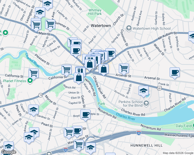 map of restaurants, bars, coffee shops, grocery stores, and more near 8 Riverside Street in Watertown