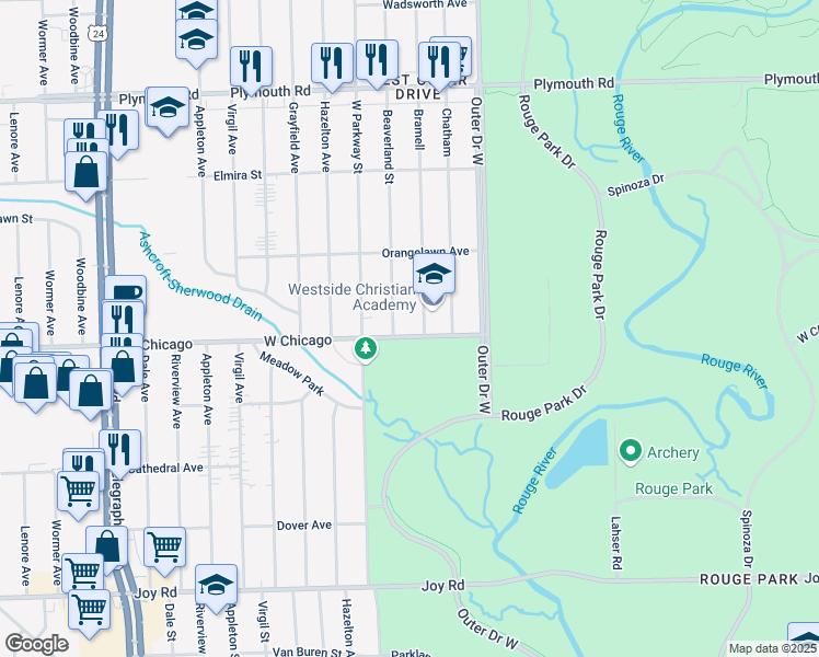 map of restaurants, bars, coffee shops, grocery stores, and more near 22624 West Chicago in Detroit