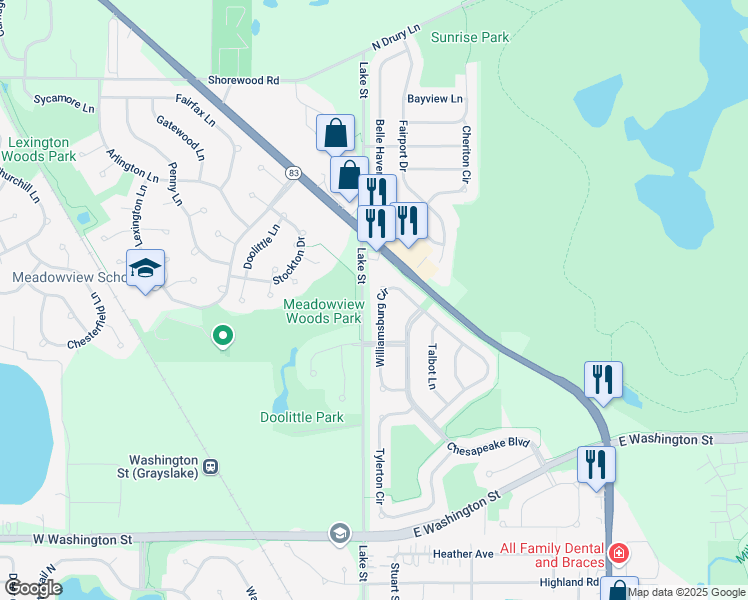 map of restaurants, bars, coffee shops, grocery stores, and more near 1148 Williamsburg Circle in Grayslake