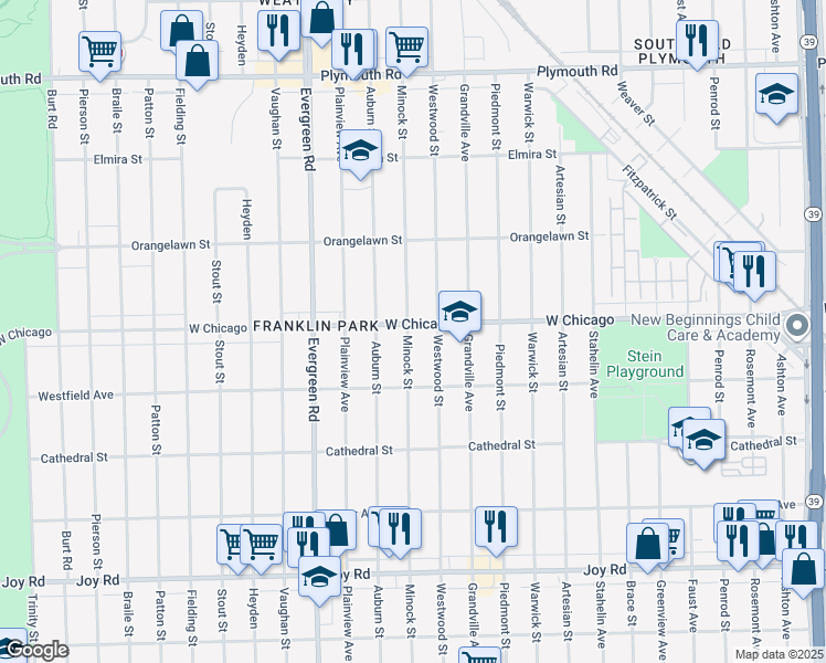 map of restaurants, bars, coffee shops, grocery stores, and more near 19439 West Chicago in Detroit