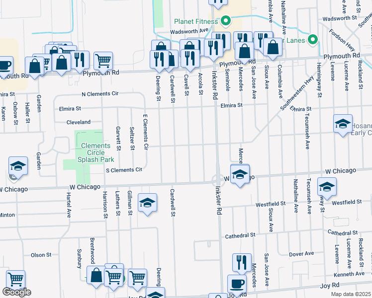 map of restaurants, bars, coffee shops, grocery stores, and more near 9663 Cavell Street in Livonia