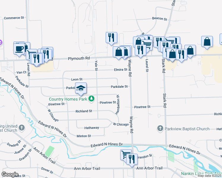 map of restaurants, bars, coffee shops, grocery stores, and more near 35147 Parkdale Street in Livonia