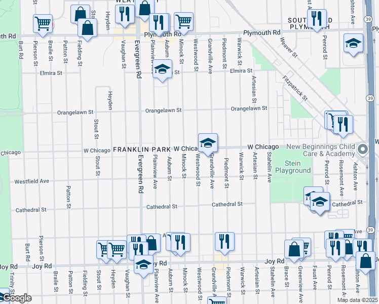 map of restaurants, bars, coffee shops, grocery stores, and more near 19439 West Chicago in Detroit