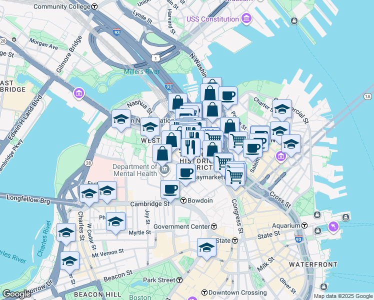 map of restaurants, bars, coffee shops, grocery stores, and more near in Boston