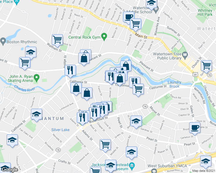 map of restaurants, bars, coffee shops, grocery stores, and more near 260 California Street in Newton