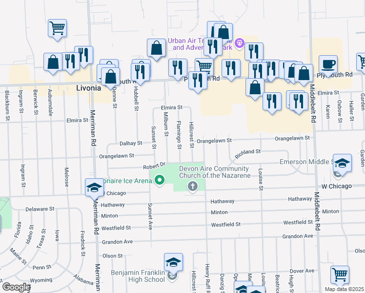 map of restaurants, bars, coffee shops, grocery stores, and more near 9976 Flamingo Street in Livonia