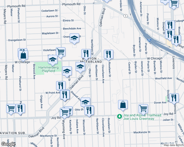 map of restaurants, bars, coffee shops, grocery stores, and more near 9362 Ohio Street in Detroit