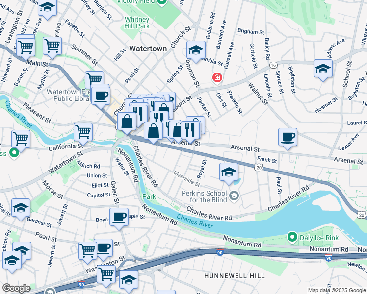 map of restaurants, bars, coffee shops, grocery stores, and more near 60 North Beacon Street in Watertown