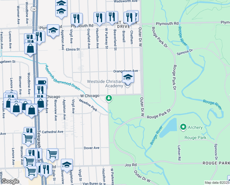 map of restaurants, bars, coffee shops, grocery stores, and more near 22710 West Chicago Street in Redford Charter Township