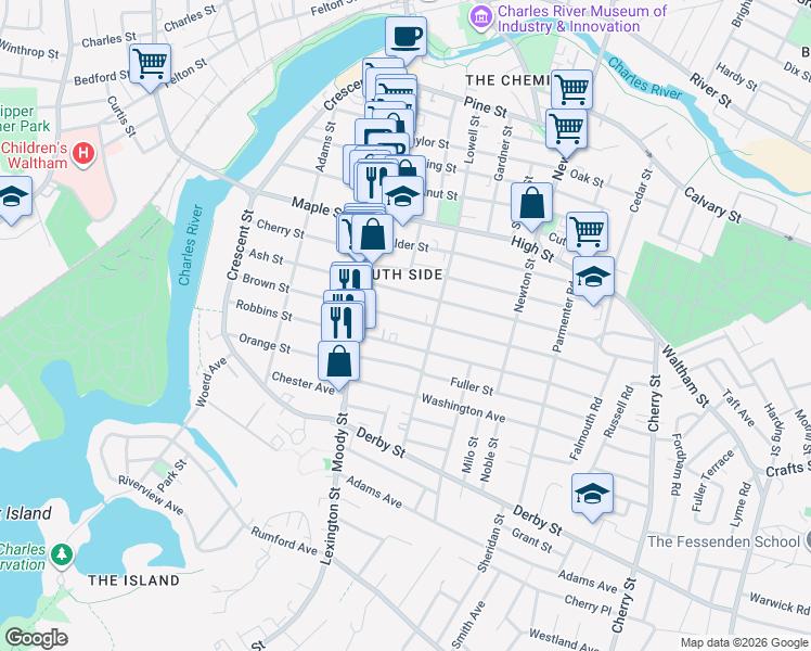 map of restaurants, bars, coffee shops, grocery stores, and more near 145 Brown Street in Waltham