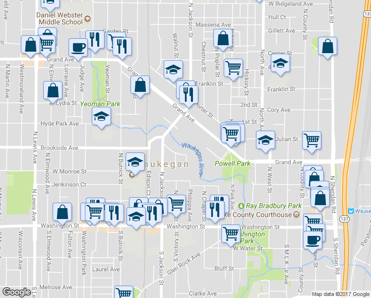 map of restaurants, bars, coffee shops, grocery stores, and more near 918 Rogers Court in Waukegan