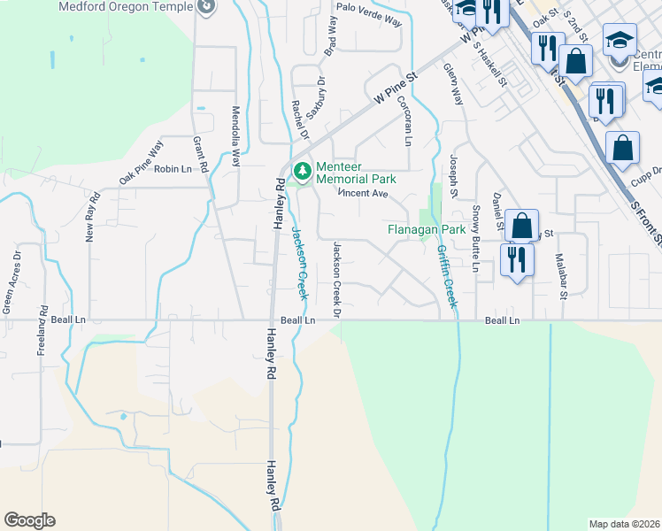 map of restaurants, bars, coffee shops, grocery stores, and more near 600 Jackson Creek Drive in Central Point