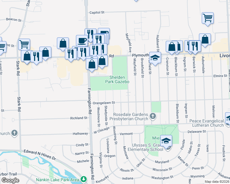 map of restaurants, bars, coffee shops, grocery stores, and more near 9928 Woodring Street in Livonia