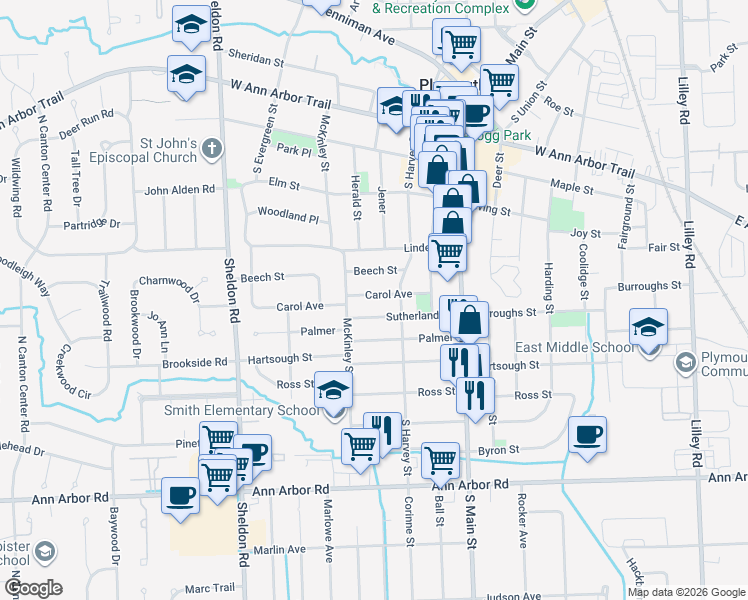map of restaurants, bars, coffee shops, grocery stores, and more near 1105 Carol Avenue in Plymouth