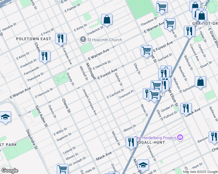 map of restaurants, bars, coffee shops, grocery stores, and more near 3158 Garfield Street in Detroit