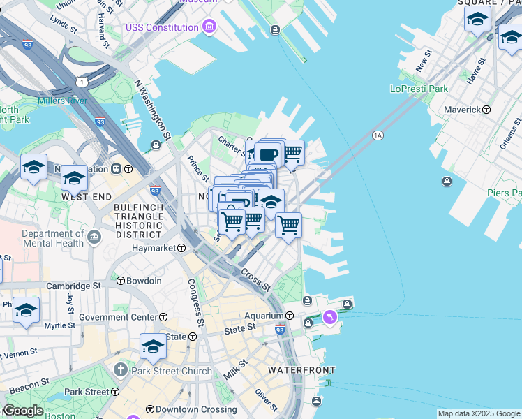 map of restaurants, bars, coffee shops, grocery stores, and more near 355 Hanover Street in Boston