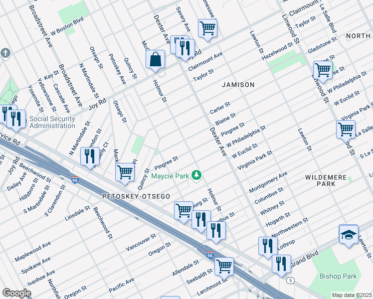 map of restaurants, bars, coffee shops, grocery stores, and more near 3815 Pingree Street in Detroit