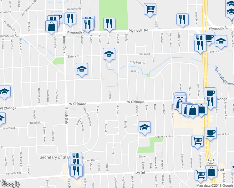 map of restaurants, bars, coffee shops, grocery stores, and more near 9559 Garfield in Redford Charter Township