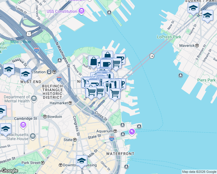 map of restaurants, bars, coffee shops, grocery stores, and more near 28 Fleet Street in Boston