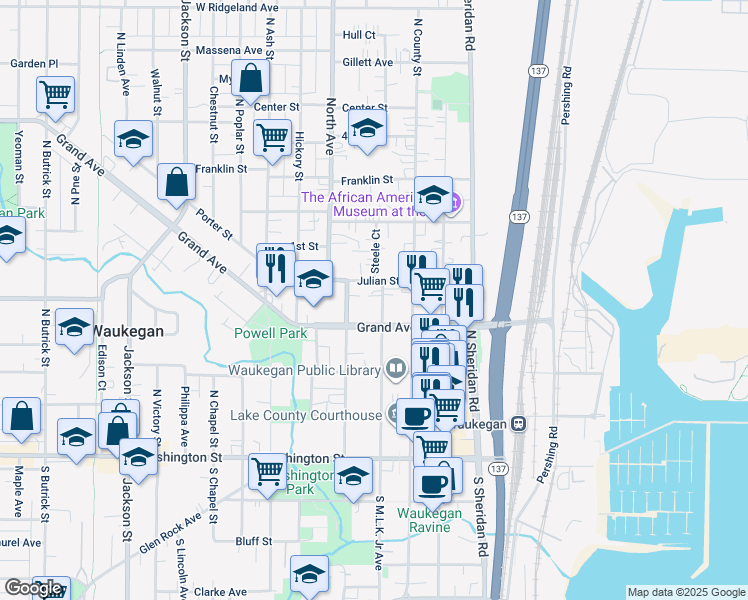 map of restaurants, bars, coffee shops, grocery stores, and more near 326 North Martin Luther King Junior Avenue in Waukegan