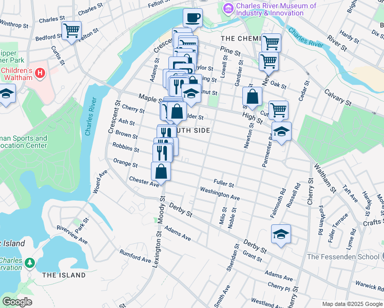 map of restaurants, bars, coffee shops, grocery stores, and more near 147-149 Brown Street in Waltham