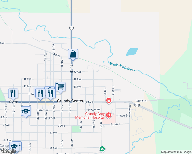 map of restaurants, bars, coffee shops, grocery stores, and more near 300-398 2nd St in Grundy Center