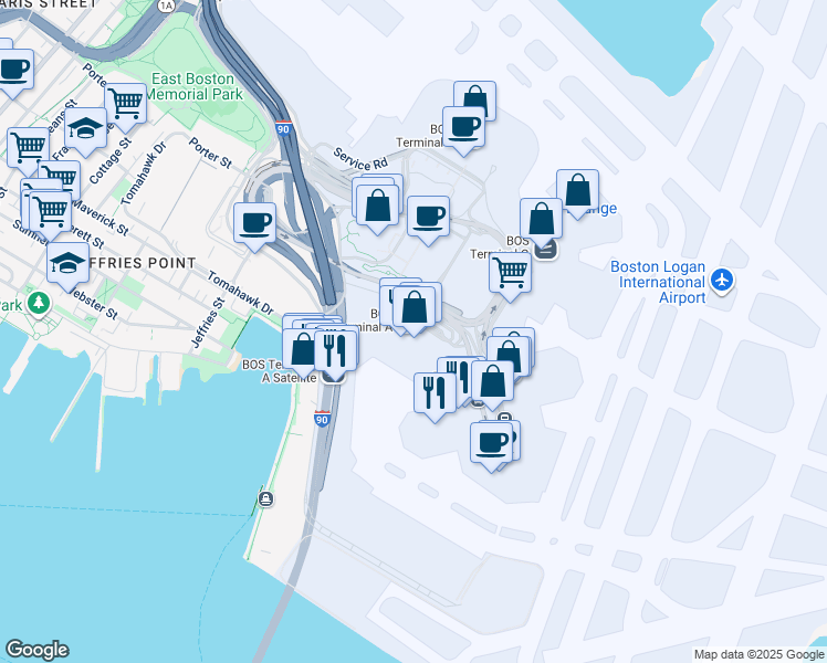map of restaurants, bars, coffee shops, grocery stores, and more near 1 Harborside Drive in Boston