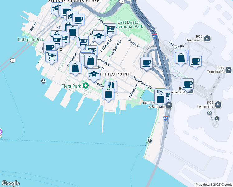 map of restaurants, bars, coffee shops, grocery stores, and more near 233 Webster Street in Boston