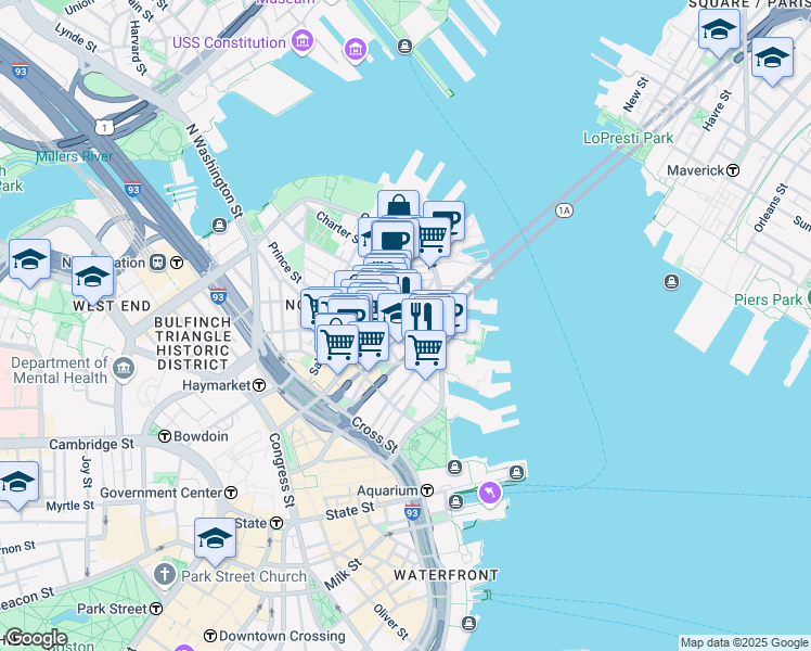 map of restaurants, bars, coffee shops, grocery stores, and more near 302-304 North Street in Boston