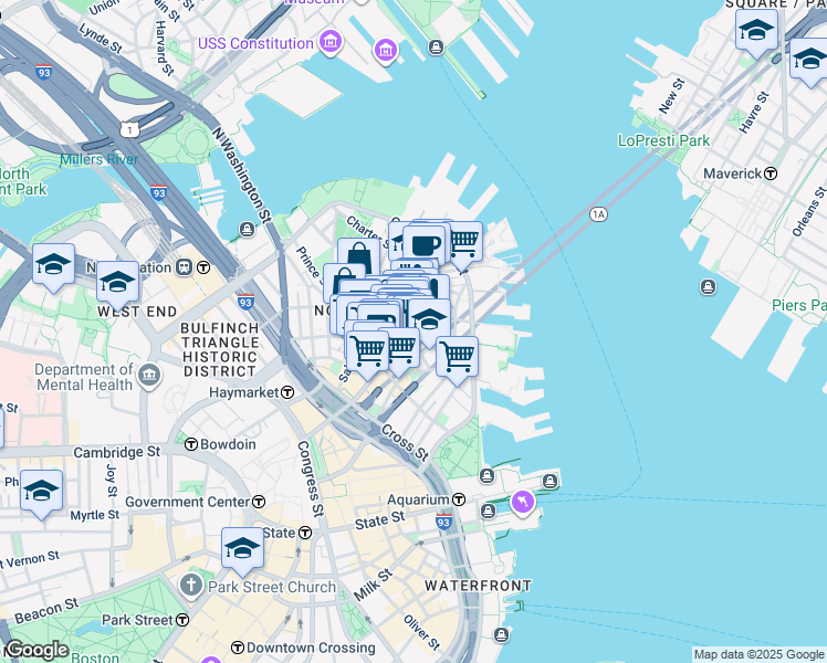map of restaurants, bars, coffee shops, grocery stores, and more near 15-17 North Square in Boston